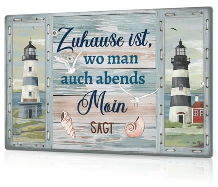 Putuo Decor Küstenschild Zuhause – Moin Spruch Metallschild – Maritime Wanddeko mit Leuchtturm