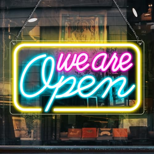 LED Open Schild für Geschäfte, 41,91 x 22,86 cm We Are Open Neon Schild, Pink, Blau & Gelb, USB Neon Leuchtschild mit einstellbarer Helligkeit für Fenster, Bar, Café, Restaurant, Salon, Hotel
