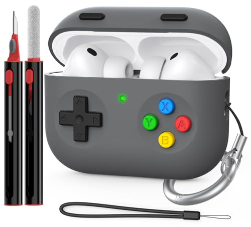 Delidigi für AirPods Pro 3 Hülle Case Klassische Handheld Game Console Design Silikon Schutzhülle with Reinigungsstift & Handschlaufe Kompatibel mit Apple AirPods Pro 3. Generation (Dunkelgrau)