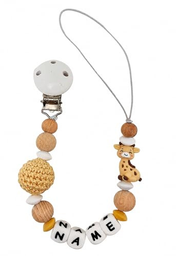 Individuell gestaltetes Babygeschenk personalisiertes Schnullerkette mit Namen für Mädchen oder Junge Baby Geschenk personalisiert zur Geburt & Taufe (Giraffe beige)
