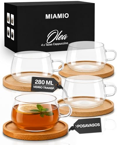 MIAMIO - Cappuccino- och teglas av borosilikat - Olea (Transparent) | Borosilikatglas för te och kaffe, cappuccinoglas med bambuunderlägg - tål maskindisk
