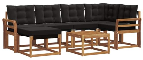 Yisssmeng Set di mobili da giardino in legno di acacia e textilene, moderno set di mobili da giardino con divano, tavolo e sgabello, per esterni, per terrazza, giardino e piscina, naturale e nero