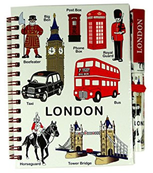 Medium Notebook and Matching Pen Set with London Everything Design Print - London Souvenir Note Pad with images on the front of the notebook and on the Pen of a Bus, Taxi, Royal Guard, Tower Bridge, Big Ben, Telephone Box, Post Box and a Beefeater