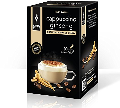 King Cup - 1 Paquet de 10 Sachets Solubles de Cappuccino au Ginseng Sans Sucre, 10 Stick de 6 Gr pour Boisson Aromatisée Cappuccino à Ajouter à 60 ml d'Eau Chaude, Sans Gluten et Sans Lactose