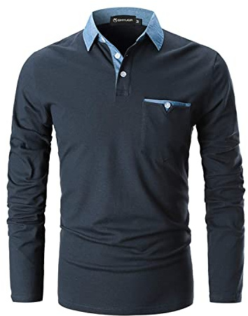 GHYUGR Men's Long Sleeve Polos Casual Tops Denim Splice Golf T-Shirt Poloshirts