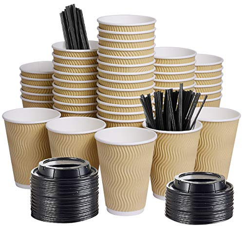 SPRINGPACK Disposable Paper Coffee Cups with Lids, 100 pack 12 oz Ripple Wall Insulated To Go Coffee Cups for Hot/Cold Beverage, Recyclable Takeaway Drinking Cups for Home Office Cafe Party