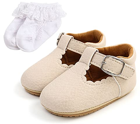 Sehfupoye Baby Mary Jane Erste Wanderschuhe Baby Jungen Mädchen Prinzessin Weiche Sohle Kleinkind Schuhe Turnschuhe Säuglings PU Leder Prewalker für 0-18 Monate mit Socke