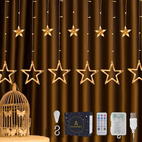 DazSpirit 12 Luci LED per tende a stella 3,5 m 138LED, telecomando e 20 ganci, alimentazione USB o batteria, 8 modalità, impermeabile, interni ed esterni (bianco caldo)