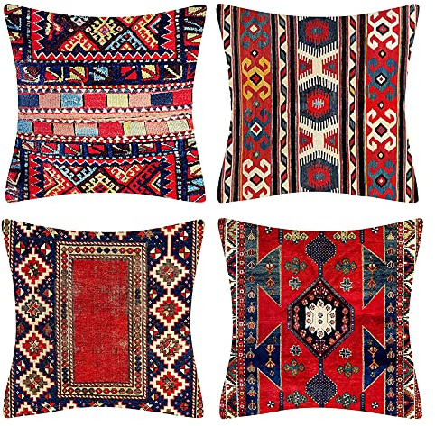 DecorMommt 4er Set Dekorative Kissenbezüge 40 x 40 cm Stammes-Abstraktes Rot Orientalisch Kissenbezug Persischer Teppich Muster Kissen Dekokissen Böhmischen Kissenhüllen Leinenkissen Sofa Deko