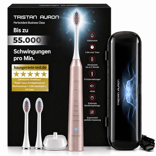 Schallzahnbürste - 60 Tage Akku - 55 000 VPM - 5 Modi + inkl. UV-Reiseetui + 2 Ersatzbürsten - Tristan Auron elektrische Zahnbürste in pink
