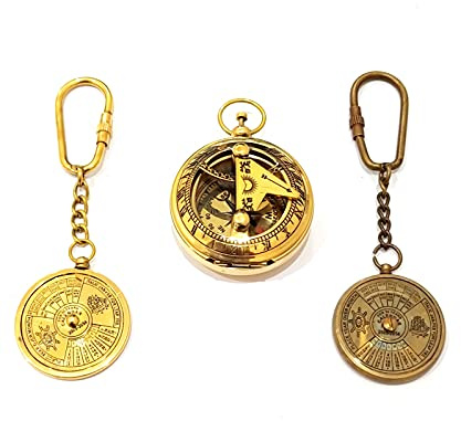 Vimal Nautical Meridiana con bussola a pulsante in ottone marrone antico dorato lucido dimensioni 2,6 cm circa 50 anni calendario portachiavi materiali 100% puro metallo ottone