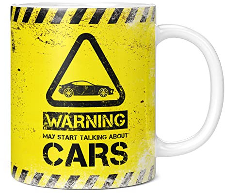 Mug Monster - Warning May Start Talking About Cars Funny Gift Mug - Ceramic Coffee Cup, Gift for Men or Women, Extra Large and Giant Available, 11oz White