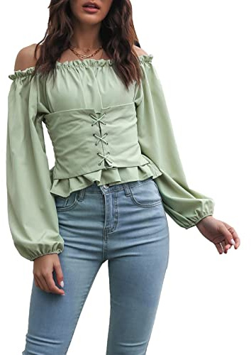 Dam axellös volanger långa puffärmar fina crop toppar ren färg front spets up tillbaka rynkad blus skjorta Bell Sleeves toppar skjorta, Ljusgrön, S