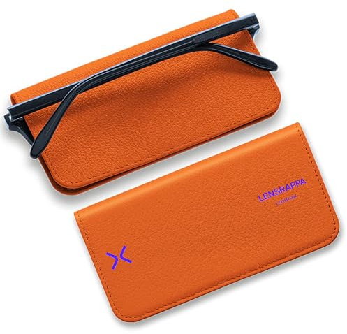 Lensrappa Luxury Slim Leather Glasses Case | Mandarin Orange Handmade Full-Grain Leather Eyewear Wrap with Magnetic Closure & Gift Box | Ultra-Slim Protective Case in 9 Elegant Colours