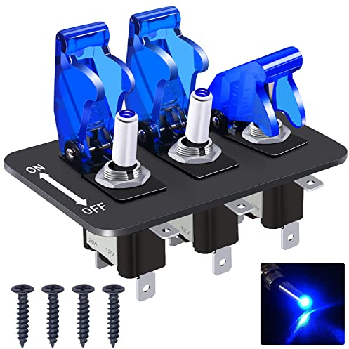 Taiss 3 Gang Interruttore a Levetta Pannello con 12V blu LED Luce 20A Heavy Duty Racing Car SPST 3Pin ON/Off Interruttore Piatto e blu Impermeabile Copertura di Sicurezza ASW-07DBUBUMZ-BZ
