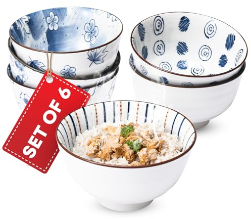 Kirosaku Japanese Rice Bowls Set of 6 - Porcelain Cereal Bowl in Vintage Blue White Design - Stackable Ceramic Dinner Set for Rice, Salad & Soup - Microwaveable & Oven Safe - 4.7x2.6 per Bowl