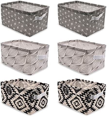 6 Stück Aufbewahrungskorb Stoff Leinen, Owelth Wasserdicht Aufbewahrungsbox mit Griffen, Faltbar Ablagekörbe Speicher Wickeltisch Organizer für Schubladen, Spielzeug, Kosmetik, Bad, 28x19x15 cm
