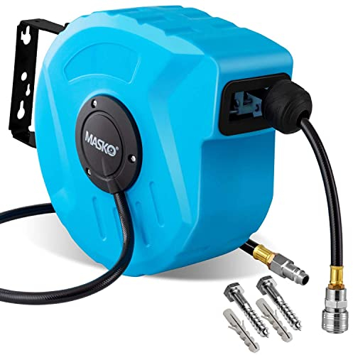 MASKO® Automatik Druckluftschlauch Aufroller 10m – Schlauchtrommel mit 1/4 Anschluss, Schlauchaufroller, Wandhalterung, Tragegriff, 180° schwenkbar, Schlauchbremse, vormontiert/sofort einsatzbereit
