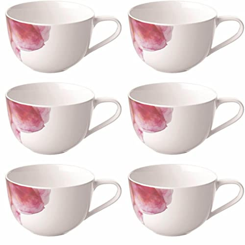 Villeroy & Boch - Rose Garden Frühstückstassen 6er Set, 300ml, Tassen mit Blumen-Dekor, Premium Porzellan, Weiß/Rosa, Floral