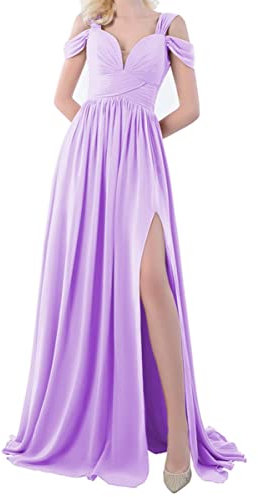 Vestidos de fiesta de noche con hombros descubiertos, longitud hasta el suelo, cuello en V, plisados, vestidos de invitados de boda 2023, Lila, 46