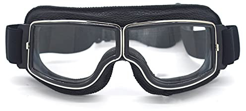 ADJAN Motocross Brille Echtes Leder Moto Retro Motorrad Brille Motocross Bikerbrille Für Cafe Racer Transparente Gläser