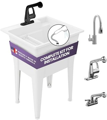 Freestanding Utility Sink with One Handle Black Faucet - 24 Plastic Utility Sink for Garage, Laundry, Indoor and Oudoor Use - Laundry Tub Kit by Noah William Home - White (19.5 gal)