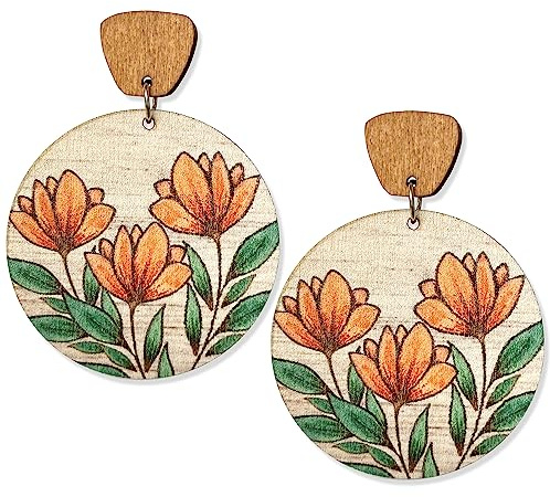 Handmade Bohemian Lightweight Round Wooden Sunflower Dangle Drop Earrings Vintage Boho Wood Geometry Flower Stud Earring for Women Statement (Style-2)