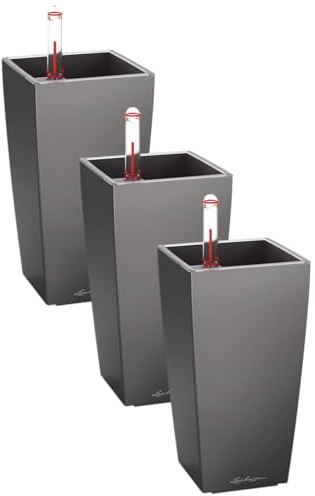 Lechuza MINI-CUBI Tischgefäß, Anthrazit Metallic, Hochwertiger Kunststoff, Inkl. herausnehmbarer Pflanzeinsatz, für Innenraumbegrünung geeignet, 18123, 9x9x18 cm (Packung mit 3)