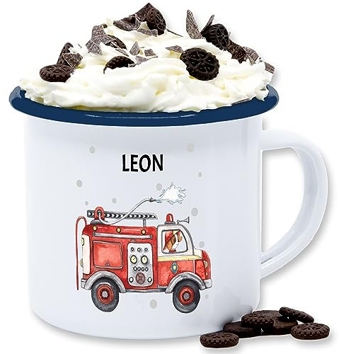 Emaille Tasse Blechtasse - Feuerwehr Auto I Feuerwehrauto I 112 I Fire Truck I Löschfahrzeug - 300 ml - Weiß Blau - kaffeebecher feuerwehrtasse jugendfeuerwehr feuerwehrautos becher