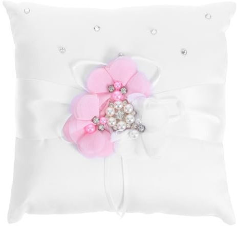 Gadpiparty 8 Inch Wedding Ring Pillow Cushion Pink White Flower Pearl Ribbon Decorated Ring Bearer Pillow for Wedding Ceremony