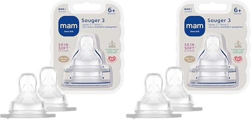 MAM Sauger Größe 3 im Doppelpack, Flaschensauger (Durchflussrate schnell), weicher Trinksauger passend für alle MAM Flaschen/Trainer, ab 6+ Monate (Packung mit 2)