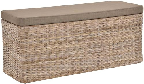 Krines Home Breiter Rattan Wäschekorb 115cm mit Deckel Wäschetruhe XXL Sitzbank schmal Flur Bank Sitzhocker Wäschesammler Sitz-Truhe Natur (Grau Natur, Rechteckig 115cm)