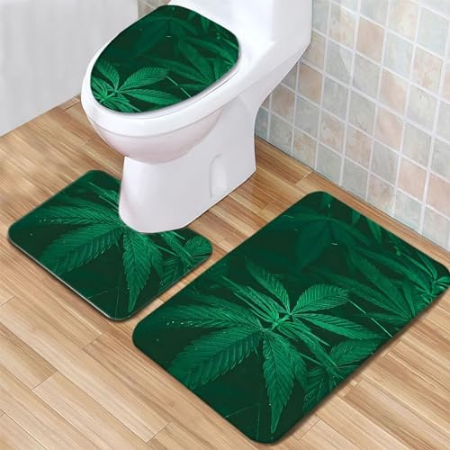 Badteppich Set grüne Pflanzenblätter Badezimmerteppich Set 3 Teilig Weicher Mikrofaser Bad Teppiche WC Vorleger Waschbar rutschfeste Badvorleger Toilette Teppich