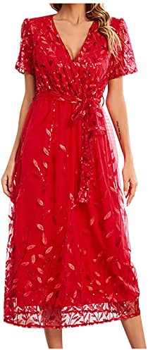 Zeiayuas Cocktail Party Work Dress for Women UK Elegant V Neck Short Sleeve Midi Dress Evening Party Formal Tunic Dresses Ladies Embroidered Floral Lace Mesh Dresses