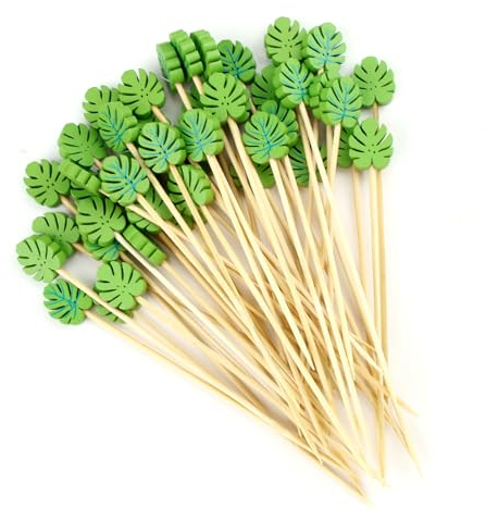 THKO 100 Piezas Palillos para Aperitivos, Brochetas Chuches, Palitos de Cóctel, Palillos Tarta Chuches, Decoración de Cócteles Fiesta Pinchos Palillos de Dientes - 12cm Hojas Verdes