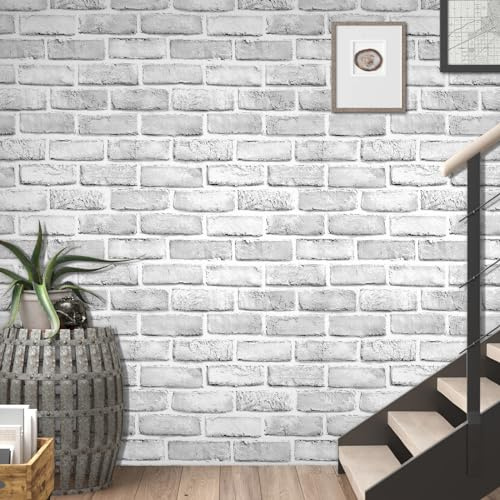 Shackcom Grey White Brick Wallpaper Self Adhesive 2Pcs 44.5cmx 10m, Peel & Stick Contact Paper, Sticky Back Plastic Roll PVC Vinyl Wrap Film for Kitchen Backsplash Bathroom Bedroom Decor Wall Covering