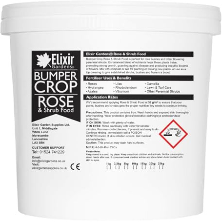 Elixir Gardens Bumper Crop Rose & Shrub Food | N.P.K: 4-3-8+8Fe | Granular Perennial Flower & Bush Fertiliser with Added Iron & Magnesium for Top Dressing & Planting | 10kg Tub