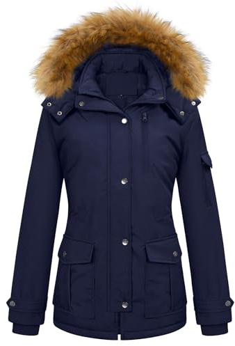 TOMEEK Manteau Femme Hiver Veste Parka Polaire Imperméable Manteau à Capuche Chauffante à Col en Fourrure Blouson Chaud Chic et Elegant avec 5 Poches Zippé Jacket,Bleu marine,Taille XL