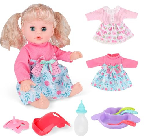 deAO Baby Puppen Sister, Babypuppen-Spielset, Puppe mit Haaren, 2 Sätze Kleidung, Puppenbesteck, Kleid Spiel Set für 30cm 33cm Puppe, Blinkende Puppe, Geburtstagsgeschenke für Mädchen