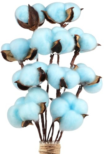 Larber 10 pezzi Bouquet di fiori di cotone fiori secchi di cotone naturale falsi rami per album matrimonio balcone casa tavolo composizione floreale (blu)