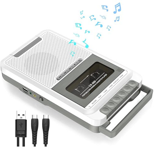 Portable Cassette Player Recorder Converter,Record to Cassettes/USB/SD Card via Mic, Cassette to MP3 Music via U Disk/SD Card or PC (White)