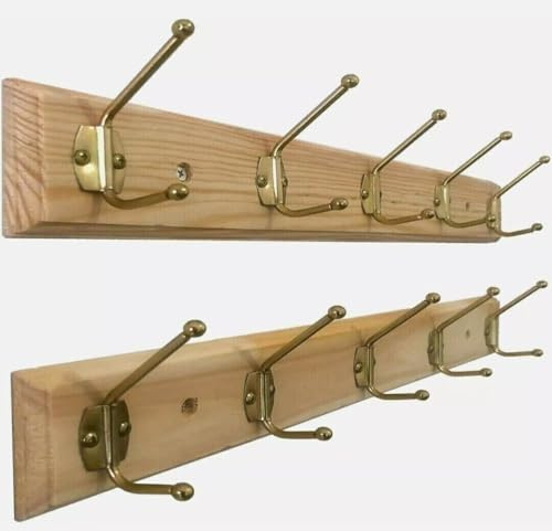 Maestro craft Pack of 2 x Strong 50cm Wooden Wall Coat Hangers Clothes Pine Wood Rack Hooks Pegs 10 Hooks