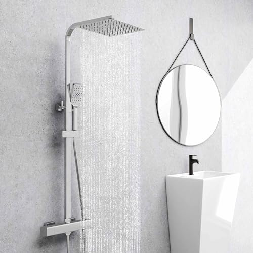 AICA ensemble de colonne de douche thermostatique de salle de bain avec robinet de douche thermostatique, douche de tête carrée 25X25CM, hauteur réglable 752mm-1287mm(Style 4)