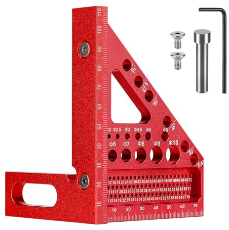 Luziyun 3D Squadra da Falegname con Perni Nascosti, 22,5-90° in Lega di Alluminio, Squadra da Carpentiere con 11 Tipi di Fori per Trapano, Righello Multi-angolo per Carpentiere (Rosso)