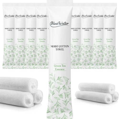 BlueWater (50-Units) Individually-Wrapped Moist Scented Towels - Single-Use Premium Towelettes (12x12, Green Tea)