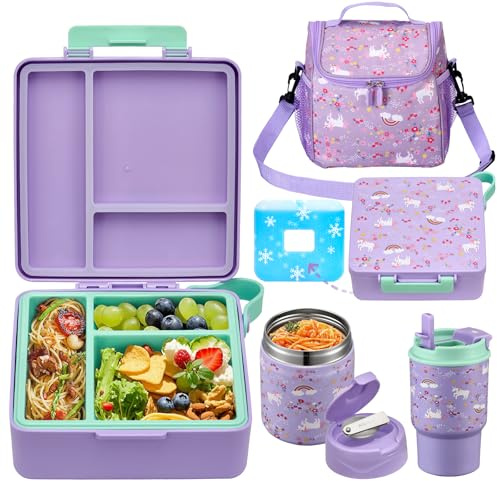 Bento Lunch Box for Kids with 17oz Soup Thermo,Insulated Tumbler Water Bottle and Insulated Lunch Bag,Leak-Proof 3 Compartment Lunch Food Container with Ice Pack for Kids to School-Horse