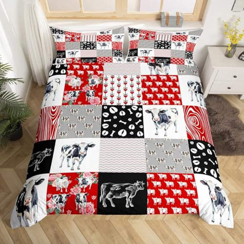 Homewish Juego de funda de edredón de vaca lechera, animales de granja, juegos de ropa de cama individual para niñas, vaquero occidental, toro, ganado, juego de cama de flores rústicas, retazos rojos,