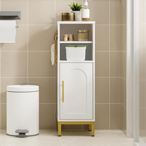 Hzuaneri Badezimmerschrank, Schmaler Toilettenschrank mit Verstellbaren Einlegeböden, 26,2 x 26,4 x 80 cm, Badezimmer-Organizer mit Offenem Stauraum, Badschrank mit Haken, Weiß SC06313GV1