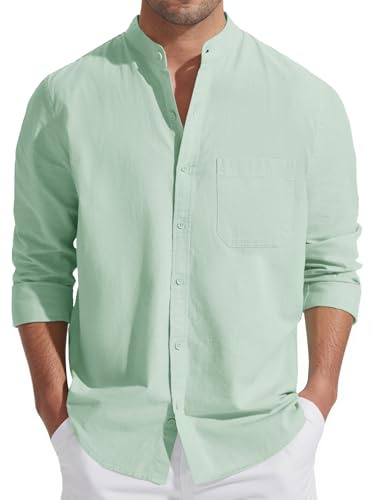 Friptspyg Hommes Chemise en Lin Coton à Col Arrondi - Casual Manches Longues avec Poche, Regular Fit pour L'été, Vert Menthe M