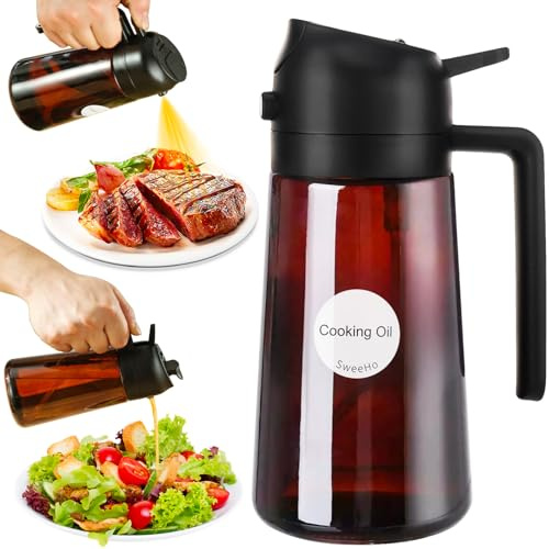 SweeHo Spruzzatore per olio da cucina, 470 ml, spruzzatore per olio d'oliva e dispenser di olio 2 in 1, bottiglia spray in vetro per uso alimentare, per friggitrice, barbecue, piastra (nero + marrone
